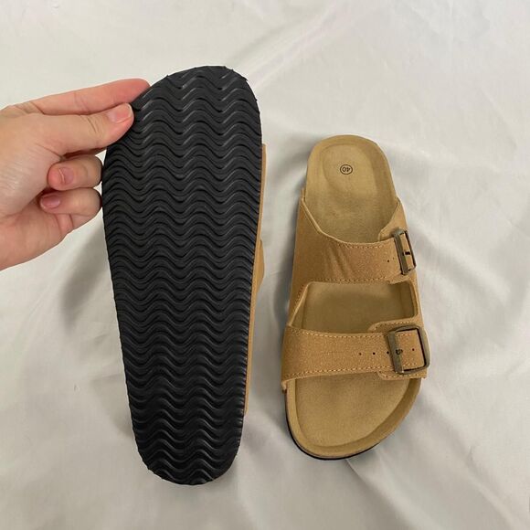 Boho Tan Brown Faux Suede Brassy Gold Buckle Sandals / Slides EU 40 US 9.5 - Picture 4 of 5